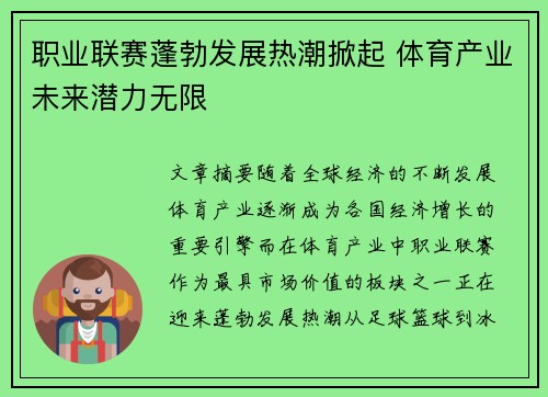 职业联赛蓬勃发展热潮掀起 体育产业未来潜力无限
